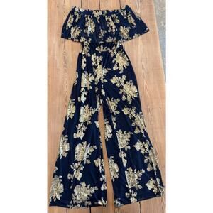 Prelude Navy And Gold Floral Print Off Shoulder Ruffle Jumpsuit Large